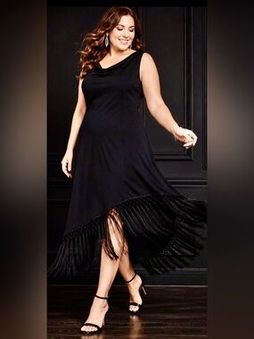 S.L. Fashions Black Fringe Hem Midi Dress Size 16 Cocktail Evening Chic